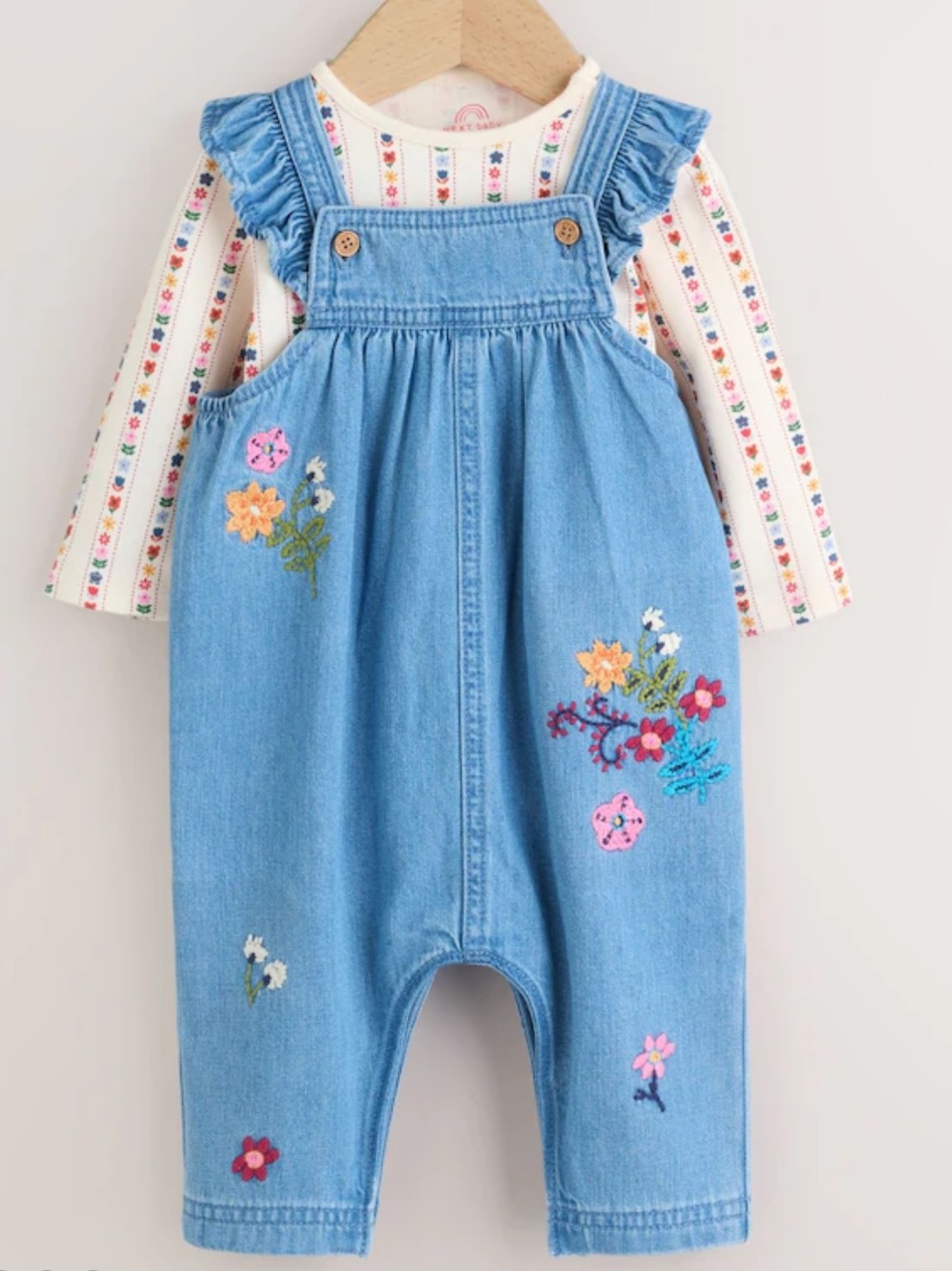 Embroidered Denim Dungarees and Long Sleeve Bodysuit Set 2 Piece